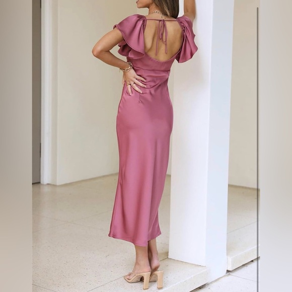 Satin Flutter Sleeve Midi Dress Mauve Pink Tie Back Wedding Guest – Size M - Picture 2 of 4
